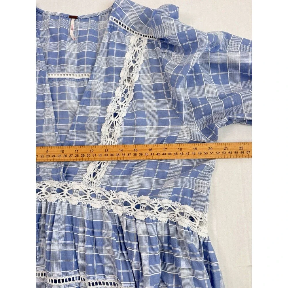 Free People Time Out Lace Trim Tunic Lagenlook Blue White Plaid Top